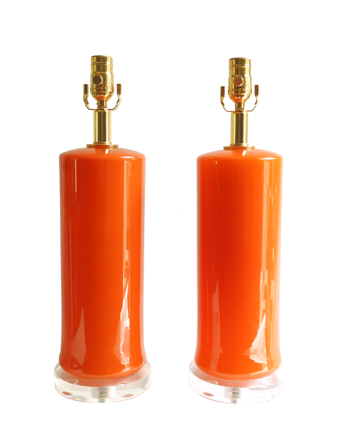 Pair of Empoli orange cased glass cylindrical lamps